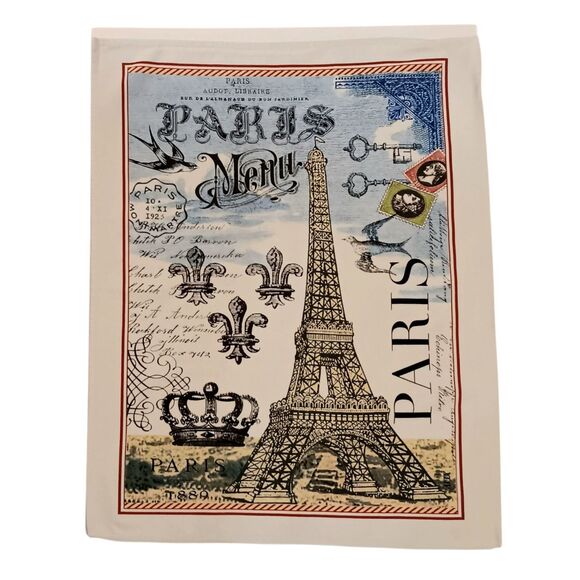 Michel Design Works Paris Kitchen Tea Towel Fleur De Lis Cream Blue 100% Cotton - Picture 1 of 14